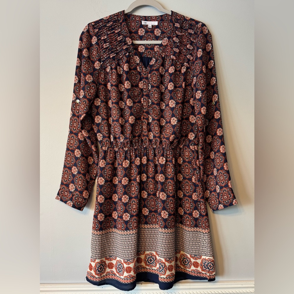 DR2 Geometric Long Sleeve Dress - Navy Blue and Orange (Size: M)